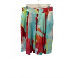 NEW 6 BY SIX women's brushstroke inverted pleat cotton skirt in aqua, orange, li